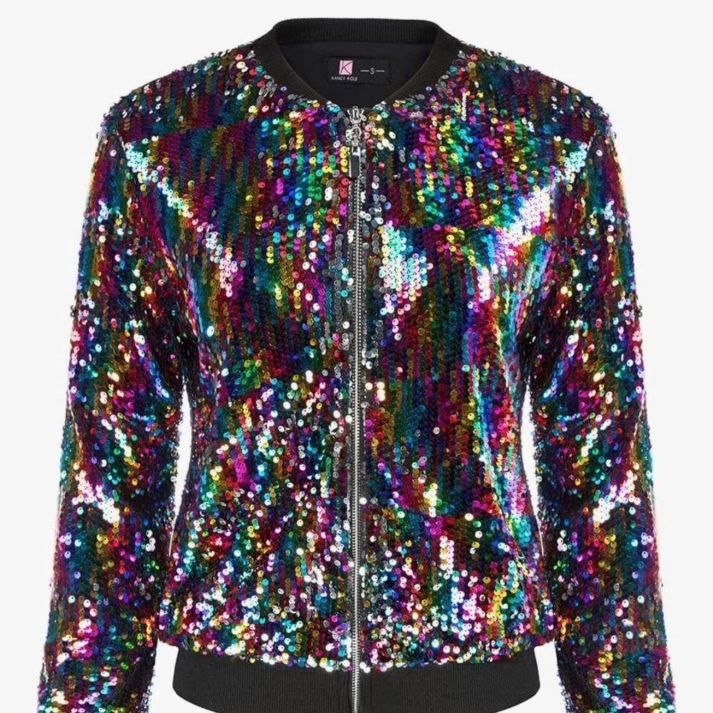 KANCY KOLE Womens Sequin Bomber Jacket Rainbow Zip Front Party Blazer Size L - Picture 2 of 8